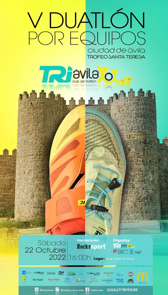 Ya está aquí la quinta edición del Duatlon por equipos Ciudad de Ávila - Trofeo Santa Teresa
No te quedes sin plaza
#Duatlon #DuatlonCRE
<a href="/triatlonavila/">Triatlón Ávila</a> <a href="/planetatriatlon/">planetatriatlon</a> <a href="/triatlonnoticia/">Triatlón Noticias</a> <a href="/TriatletasenRed/">Triatletas en Red</a> <a href="/triinfinitymost/">TRI INFINITY MÓSTOLES</a> <a href="/Tritoledo/">Tritoledo</a> <a href="/trisoriano/">Deporama Triatlón Soriano</a> <a href="/TRISportGetafe/">TRISport Getafe</a> <a href="/TriClaveria/">@TriatlonClaveria</a> y