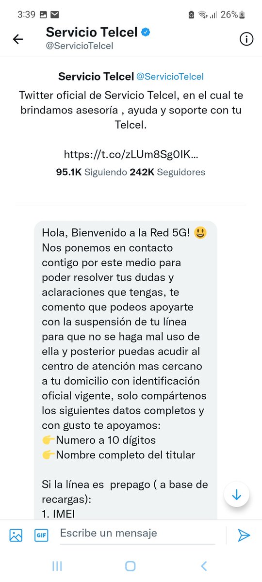 Hectorgon123's tweet photo. Me contactaron de @ServicioTelcel @Telcel y mandé la información solicitada pero ya no me respondieron. Adjunto conversación https://t.co/LBxw1ESOde