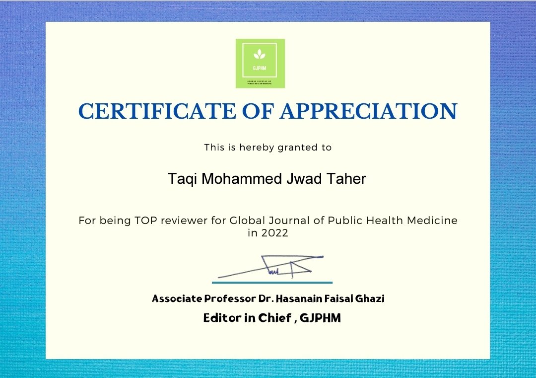 GJPHM's tweet photo. In conjunction with #PeerReviewWeek22 we would to thank all our reviewers for their great work &amp; efforts. 

Our Special thanks to (Dr. Taqi Mohammed Jwad Taher) for being our Top Reviewer in 2022... 
#PeerReviewWeek 
#PeerReview #appreciation https://t.co/TS9j1ldbaB