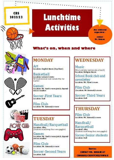 cbssecmtown's tweet photo. An overview of the many lunchtime activities available to all students during each week. From art and music to racketball, a wide variety of taste are catered for. For all enquiries, please contact Mr Bohane #LunchtimeActivities #extracurricularactivities https://t.co/3eQYsWwevw