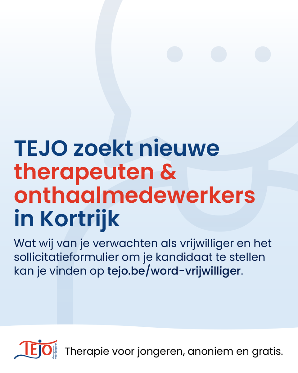 Heb je zin om jongeren kortdurend therapie te verlenen, anoniem en gratis? Of wil je als onthaalmedewerker jongeren warm ontvangen in het TEJO-huis? Solliciteer nu als #therapeut of #onthaalmedewerker bij #TEJO #Kortrijk! #vrijwilligerswerk #vacature
