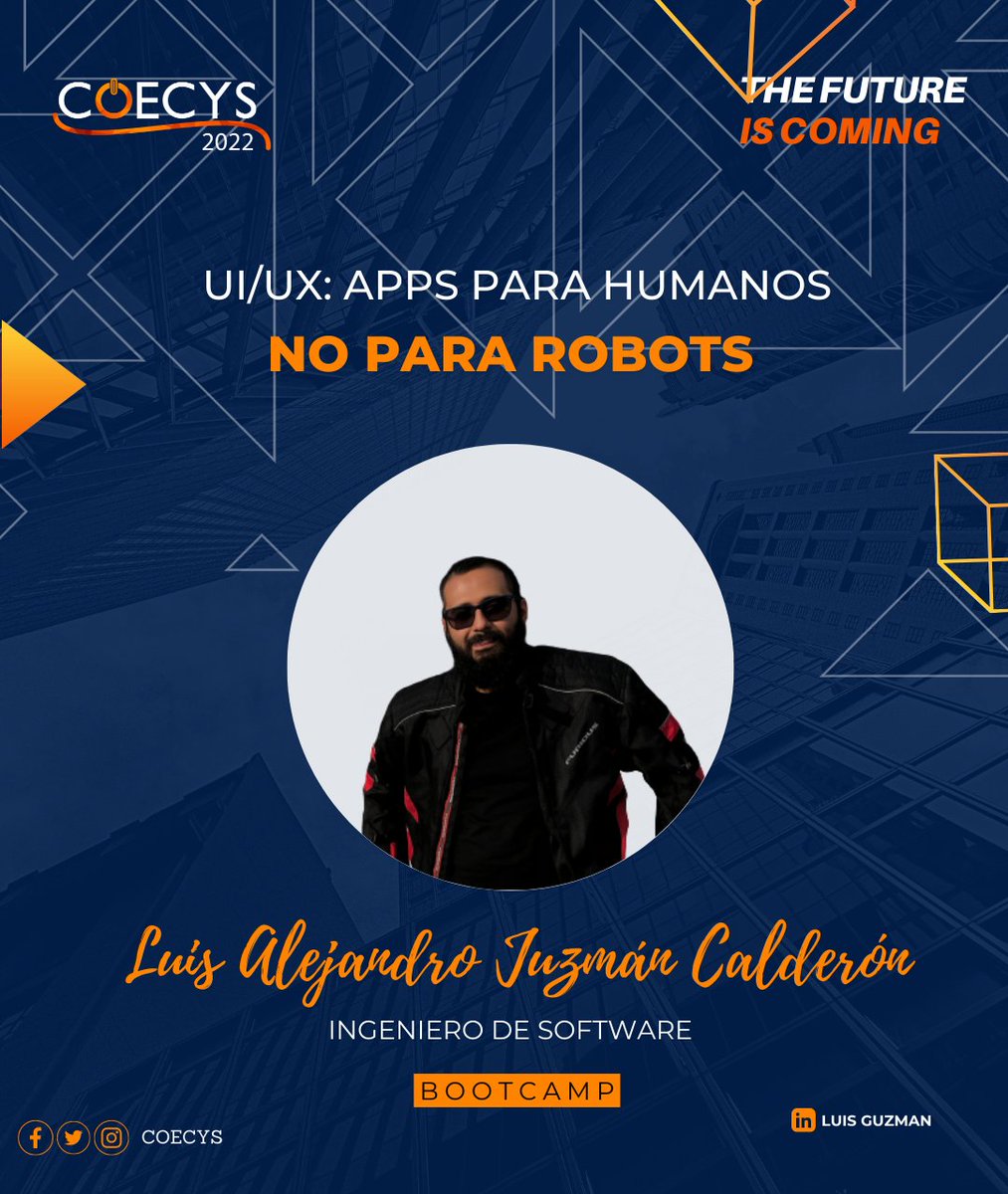 coecys's tweet photo. Durante COECYS 2022 aprenderemos "UI/UX: Apps para Humanos, no para robots"
Impartido: Luis Alejandro Guzmán Calderón
🗓Fecha: Viernes 20 de septiembre
⏰Hora: 09:30 a 10:30 horas
💻Modalidad: Presencial
📍Lugar: Agexport
¡No te lo pierdas!
#TheFutureIsComing #COECYS https://t.co/TpEesaT8BR