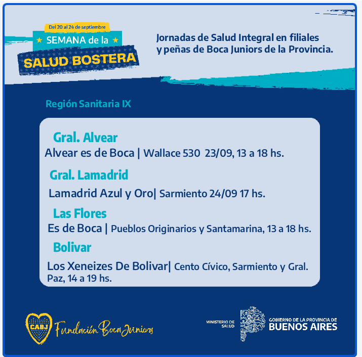 regsanix's tweet photo. 🏥 ¡Semana de la salud bostera!
Del 20 al 24 de Septiembre, desde @SaludBAP en conjunto con la @fundacionbocajuniors realizaremos operativos de salud integral en más de 80 peñas y filiales de Boca Juniors.
En la #RegionIX éstas son las sedes. https://t.co/55INwn2tNk