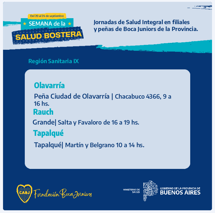 regsanix's tweet photo. 🏥 ¡Semana de la salud bostera!
Del 20 al 24 de Septiembre, desde @SaludBAP en conjunto con la @fundacionbocajuniors realizaremos operativos de salud integral en más de 80 peñas y filiales de Boca Juniors.
En la #RegionIX éstas son las sedes. https://t.co/55INwn2tNk