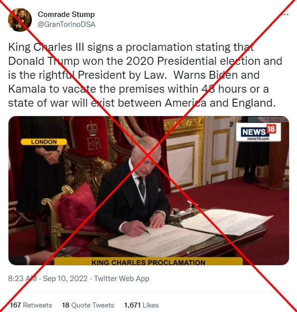 AFPFactCheck's tweet image. 🗳️ Did King Charles III proclaim Donald Trump the winner of the 2020 US presidential election?

No, that is false -- this image shows the monarch signing an oath to uphold the security of the Church of Scotland u.afp.com/iZtt