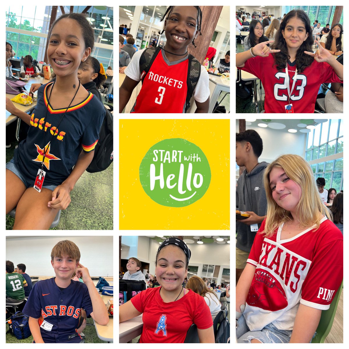 In honor of #StartWithHelloWeek, we “teamed up to say hello” and wore our favorite jerseys! Cougars, wear your KMS spirit gear tomorrow and pledge to be an Upstander! #KMSCougarPride🐾