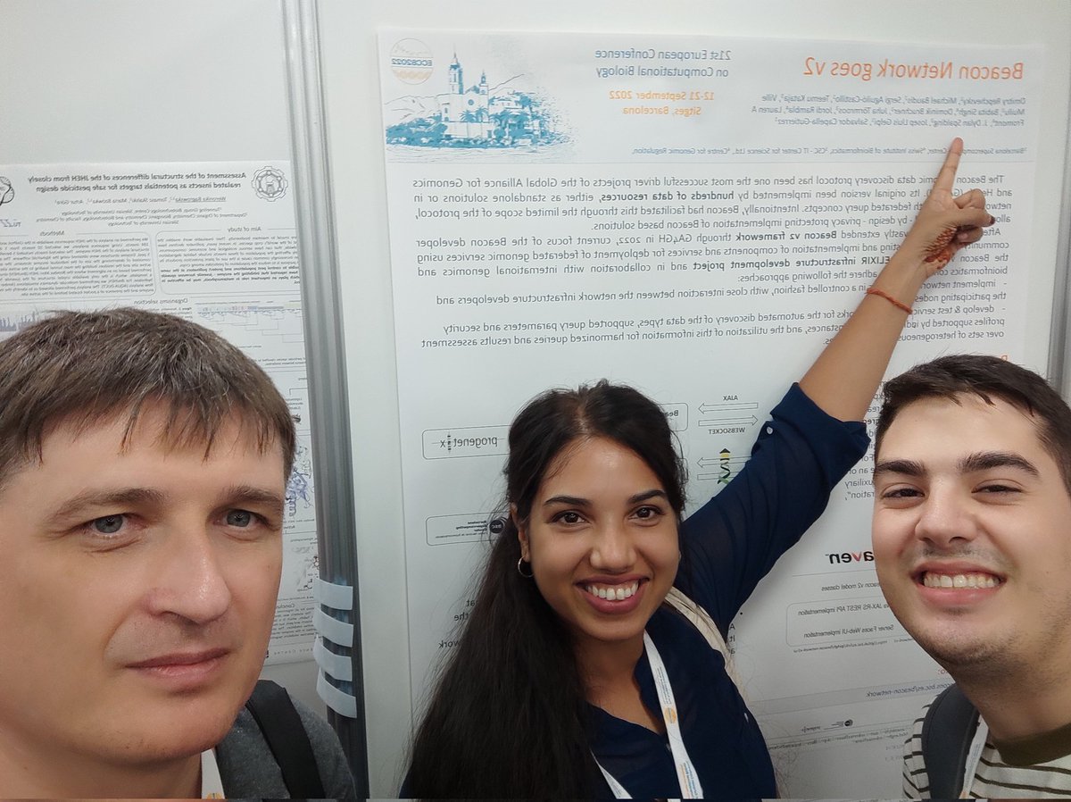 SergiAguilo's tweet photo. #ECCB2022 Poster session too crowded, but fun! Here we are networking about Beacon Network @babi2305 @genomebeacons https://t.co/OOTLdupiBi