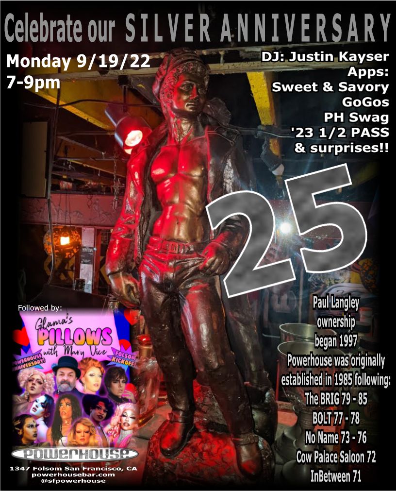 sfPOWERHOUSE's tweet photo. 25th Anni Party tonight 7-9pm!!! Thank you for all the support!!! PILLOWS puts on their show after with #glamamore @itsmaryvice & company!!
#leatherweek begins!!!! https://t.co/4AnIDOemXJ