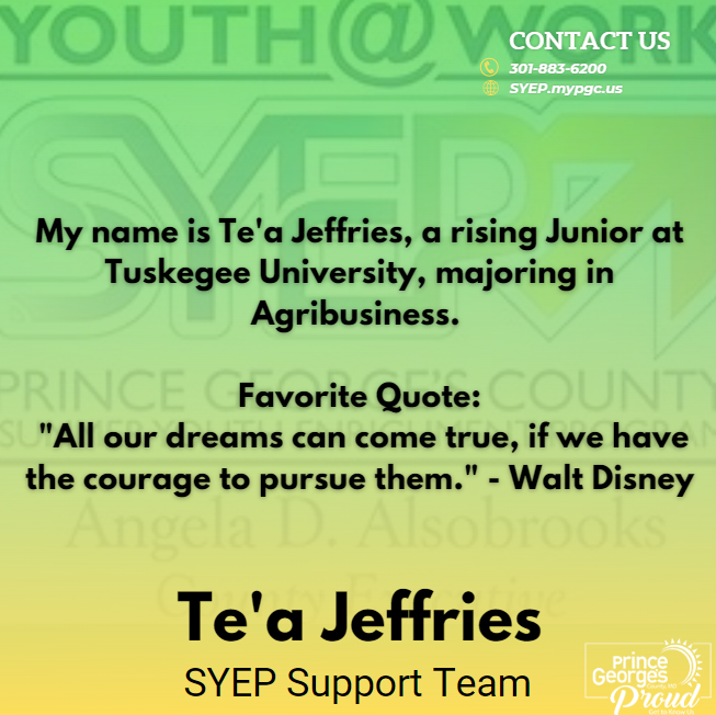 PGCSYEP's tweet photo. #PGCSYEP - Meet Youth at Work Talent Pipeline Participant Te'a Jeffries!  Prince George's County young adults are making a mark on the County!  We are #PrinceGeorgesProud #SYEPintern #ThankYou https://t.co/dVqydkroxK