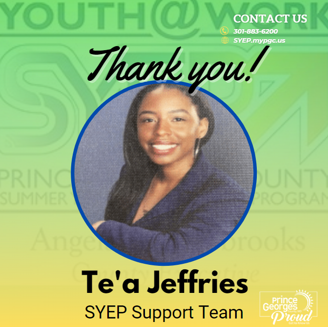 PGCSYEP's tweet photo. #PGCSYEP - Meet Youth at Work Talent Pipeline Participant Te'a Jeffries!  Prince George's County young adults are making a mark on the County!  We are #PrinceGeorgesProud #SYEPintern #ThankYou https://t.co/dVqydkroxK