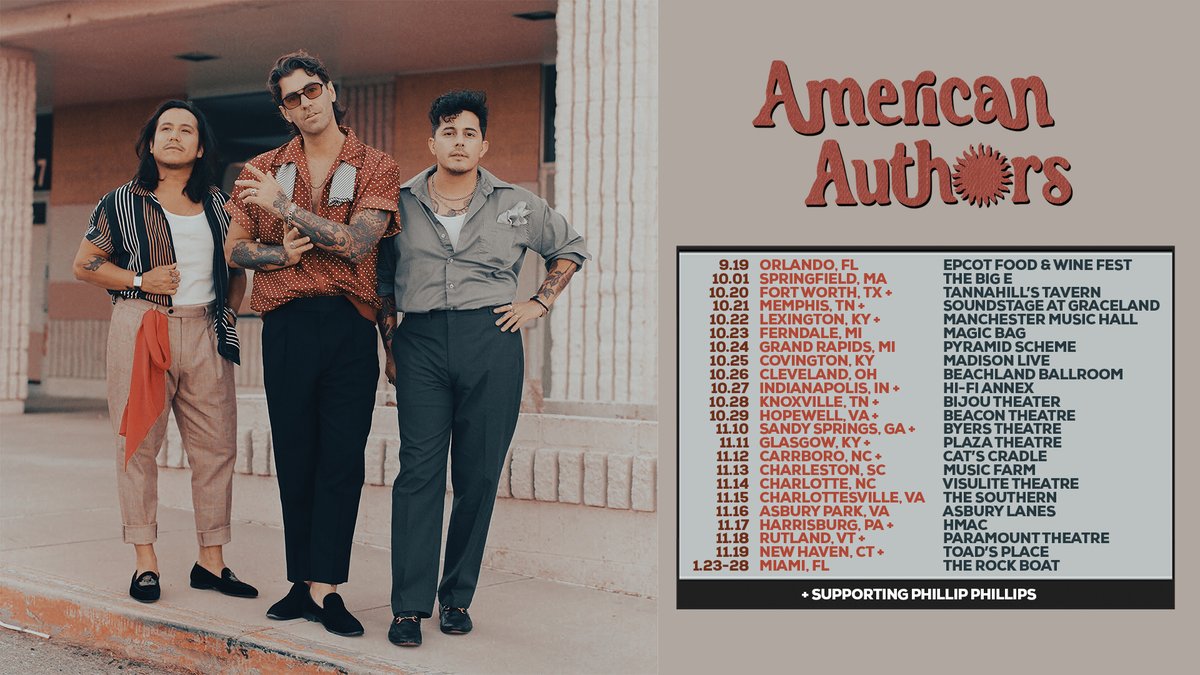 aauthorsmusic's tweet photo. Excited to announce some very special shows this fall, some with Phillip Phillips, some headline shows - all of them unlike anything we've done before!  https://t.co/UrAfML5PEa https://t.co/r63Hwd5Whv