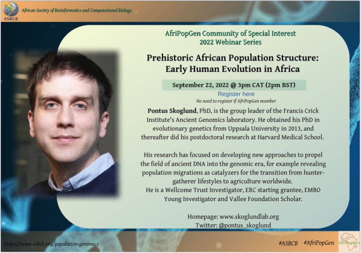 Tanzania Human Genetics Organization (@humangeneticstz) on Twitter photo *Webinar Alert!*
Register to join <a href="/AfriPopGen/">AfriPopGen</a> COSI webinar tittled "Prehistoric African Population Structure: Early Human Evolution in Africa".
Date: Thursday, Sept 22, 2022
Time: 3pm Central African Time (17:00 Monday, EAT)
Register: docs.google.com/forms/d/e/1FAI⊠*Webinar Alert!*
Register to join <a href="/AfriPopGen/">AfriPopGen</a> COSI webinar tittled "Prehistoric African Population Structure: Early Human Evolution in Africa".
Date: Thursday, Sept 22, 2022
Time: 3pm Central African Time (17:00 Monday, EAT)
Register: docs.google.com/forms/d/e/1FAIâŠ