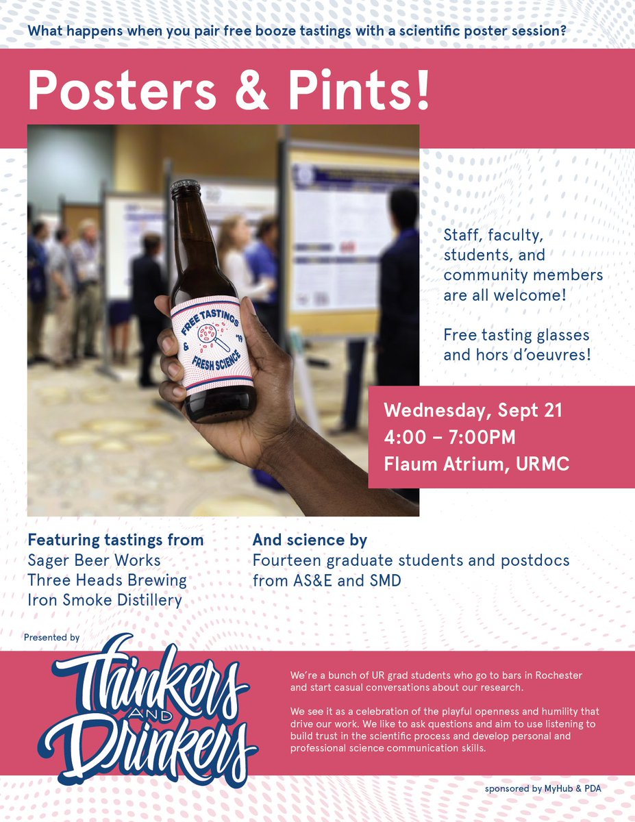 UR_Postdocs's tweet photo. POSTERS &amp; PINTS is back! #NPAW2022

Join us Wednesday 9/21 4-7pm Flaum Atrium for poster presentations feat. grad students &amp; postdocs @UofR. Free entry including tasting glasses, tastings, and hors d’oeuvres.

sponsored by @URSMD_myHub, Thinkers&amp;Drinkers, PDA https://t.co/2UrM2jVznV
