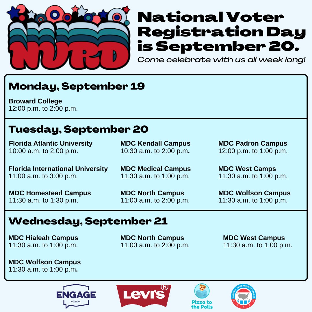 Engage Miami (@engagemia) on Twitter photo We’re celebrating all week with our partners with @pizzatothepolls and <a href="/LeviStraussCo/">Levi Strauss & Co.</a> on college campuses across Miami registering voters, updating folks’ voter information, reminding everyone about election deadlines, & letting students know about the upcoming midterm elections. We’re celebrating all week with our partners with @pizzatothepolls and <a href="/LeviStraussCo/">Levi Strauss & Co.</a> on college campuses across Miami registering voters, updating folks’ voter information, reminding everyone about election deadlines, & letting students know about the upcoming midterm elections.