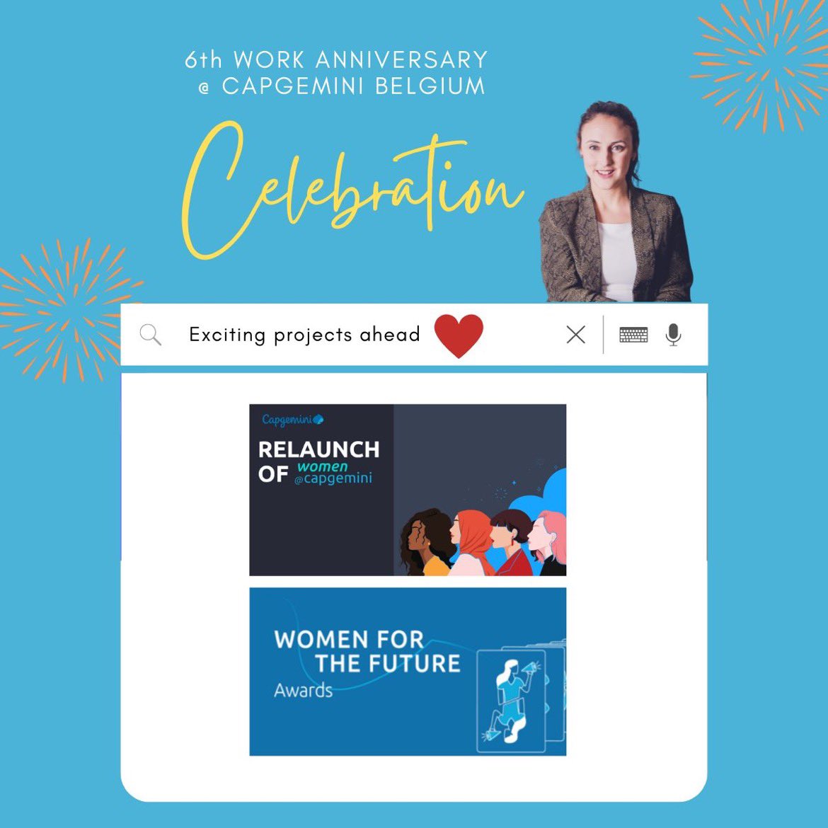 _Cindy_Claeys's tweet photo. Celebrating my 6️⃣th (=my favorite number) work anniversary by organizing 2️⃣ exciting projects @CapgeminiBE 🙌. 

1. The relaunch of our local Women@Capgemini network 🚀.

2.The Future Awards on Capgemini Belgium and Europe Cluster Level❤️.
@Capgemini #work #genderdiveristy https://t.co/B6933rEPcp