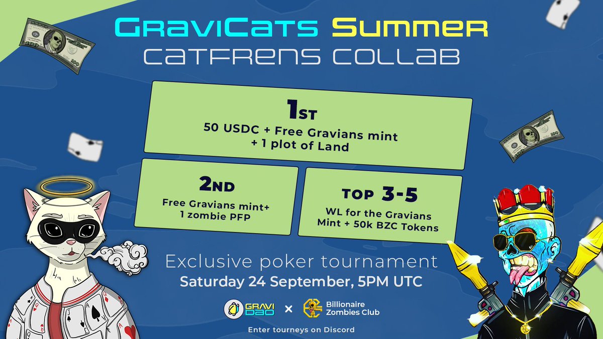 GraviCats x BZC Tournament
             ❤️ ♠️♦️♣️
This Saturday Sept 24th @ 1pm EST

Bring Your Poker Face 😎 

Free to play BUT you must signup: pokernow.club/mtt/bzc-collab…