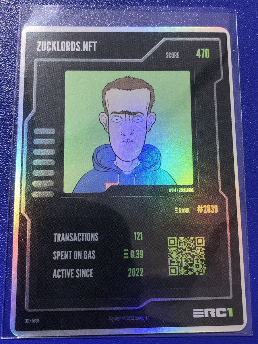 Oh SNAP! Check out my IRL holo <a href="/ERC1_PROJECT/">ERC-1 Ethereum Rookie Cards</a> zucklord rookie card! Sooo shiny 🥹