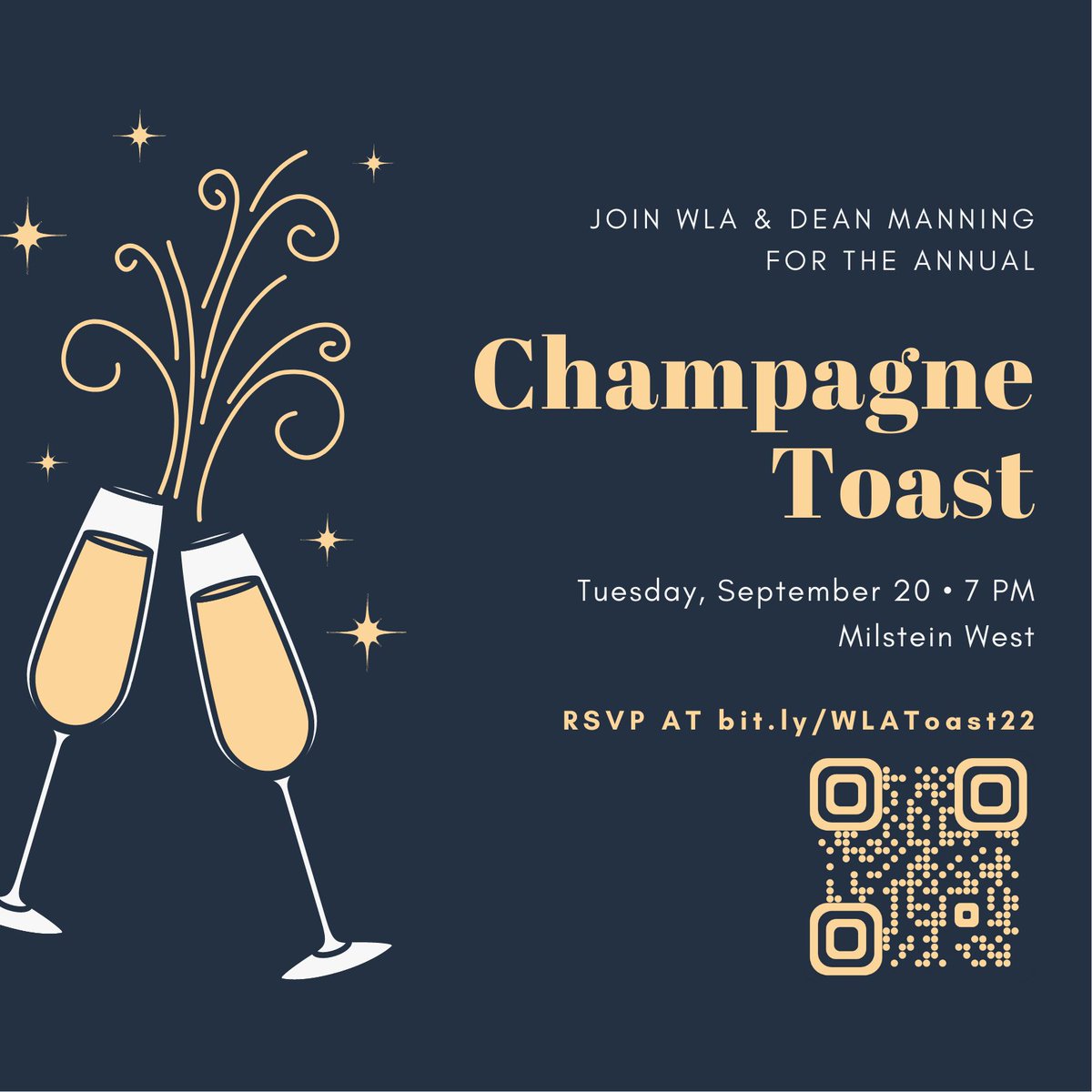 Come join WLA and Dean Manning tomorrow at 7pm for our annual Champagne Toast! 🥂