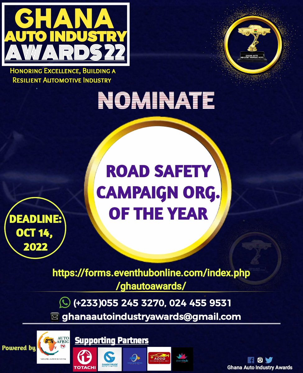 Gh_Auto_Awards's tweet photo. THE BEST TIME HAS COME FOR US TO HONOR, CELEBRATE AND EMPOWER AUTOMOTIVE BRANDS AND PERSONALITIES WHOSE UNIQUENESS STAND OUT TOWARDS THE DEVELOPMENT OF GHANA'S AUTOMOTIVE INDUSTRY AND IT'S VALUE CHAIN.  https://t.co/0VRC9uaW3q

#GhanaAutoIndustryAwards2022 https://t.co/G3Stq0m8Ia