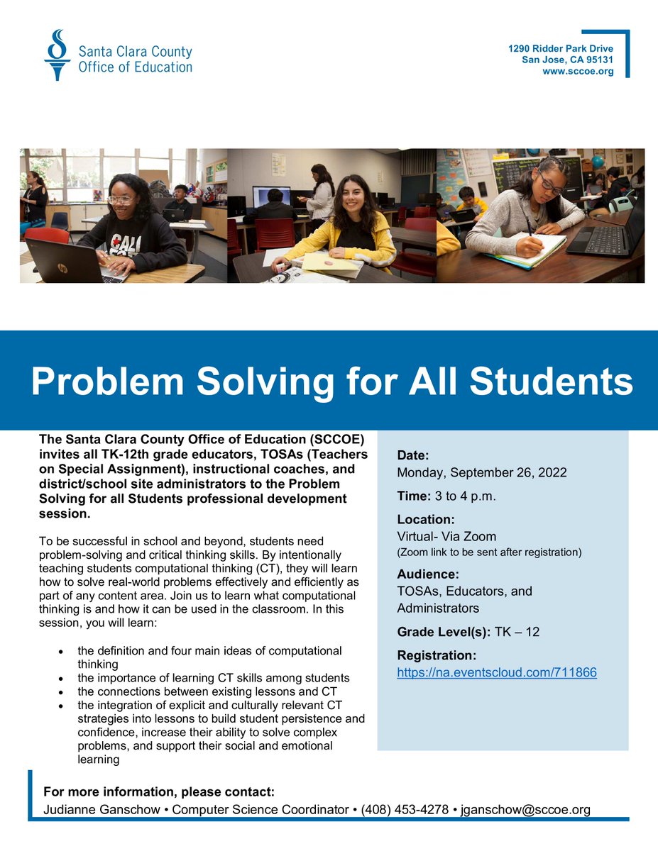 All students need problem solving and critical thinking skills - join me next week to learn how to incorporate computational thinking into any grade or content area! #CSforAll #CSforCA #csk8 na.eventscloud.com/711866