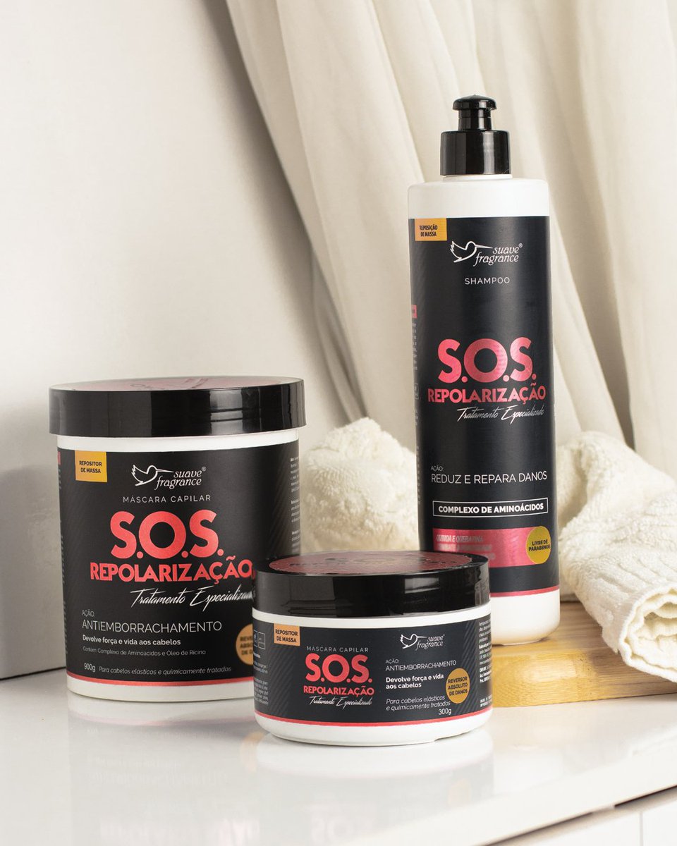 SuaveFragrance's tweet photo. Fios emborrachados? 😨 Tem tratamento! 🤗 A linha S.O.S. Repolarização tem ação antiemborrachamento, devolve força e vida para os fios super danificados. Contém shampoo, máscara de 300g e 900g. 🛒 Adquira com um revendedor de sua região. #SuaveFragrance #SOS #CabeloDanificado https://t.co/4vIbbmdEvK