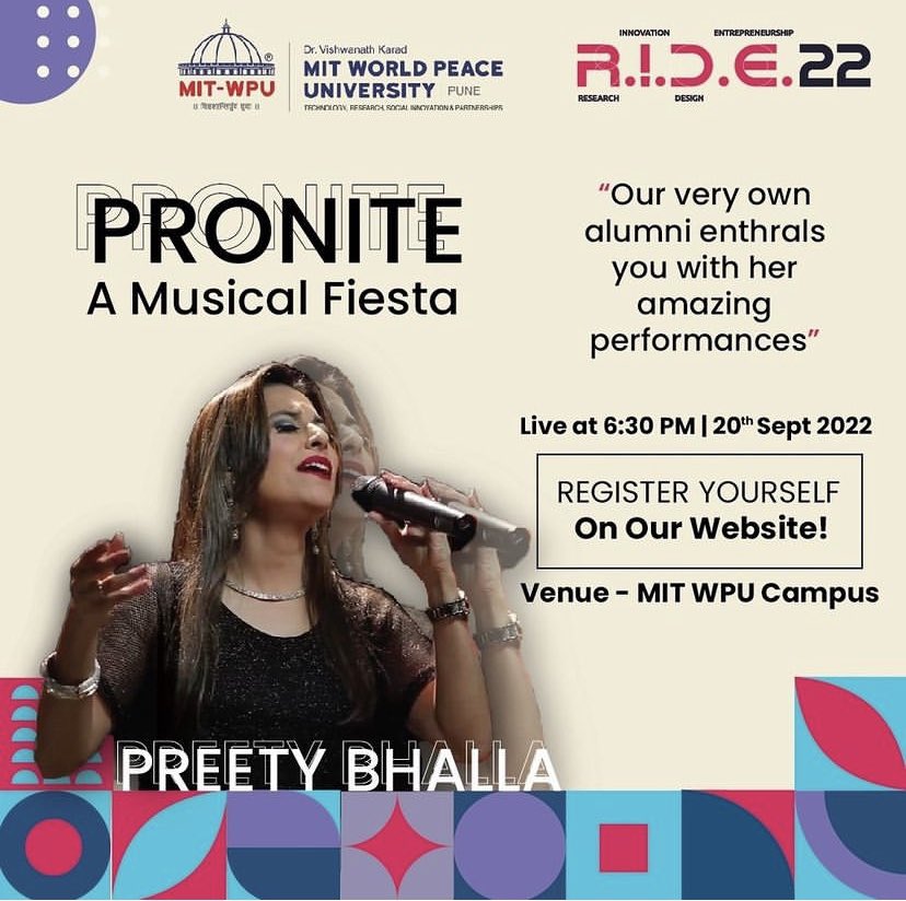 ride_mitwpu's tweet photo. We are gonna end the 1st day with a bang!!
Our own alumni will grace us with her presence. @PreetyBhalla , having worked with people in Bollywood like Vishal-Shekhar will join us on 20th September!!
Groove and Jive to these timeless melodie!!
#RIDEthewave #RIDE22  @MITWPU https://t.co/pldVu1NMFA