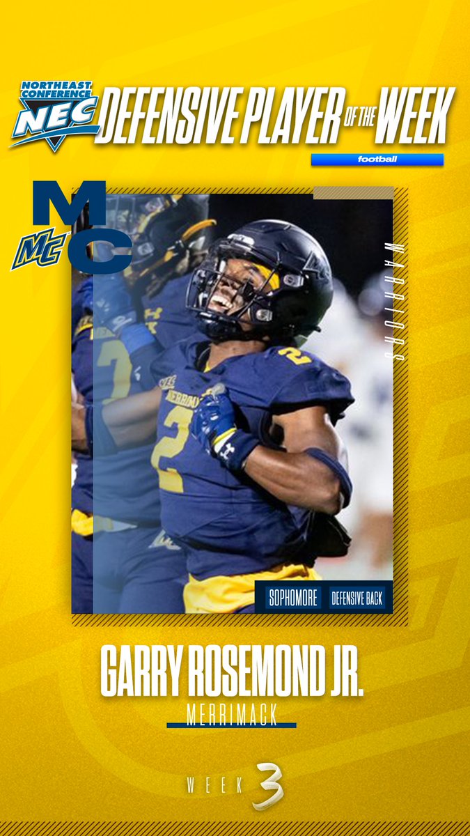 🏅 Official #NECFB Defensive Player of the Week 🏅

➡️ Garry Rosemond Jr., <a href="/MC_Athletics/">Merrimack Athletics</a>
 
📓 Rosemond earns a weekly award for the 2nd time in as many weeks after he registered 4️⃣ tackles and ✌️ interceptions. He is tied for the NEC lead in interceptions with 1.33 per game.