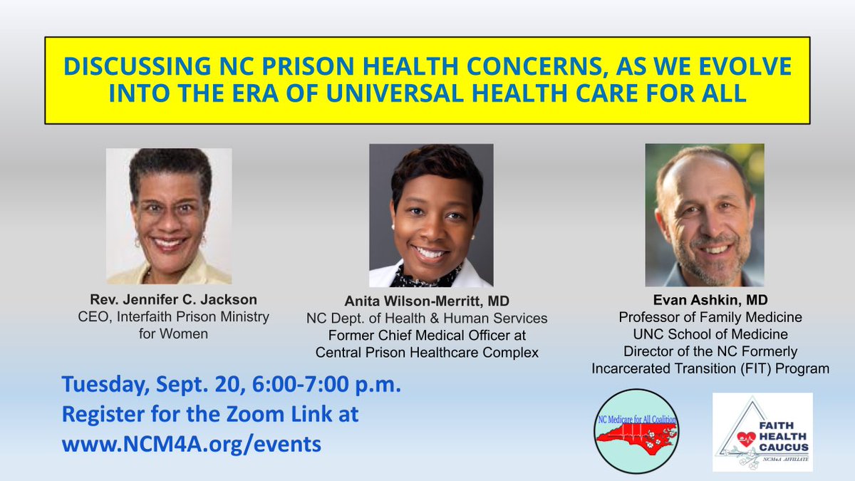 Ncm4A's tweet photo. Friends, please join the Faith Health Caucus for an excellent panel about how the prison industrial complex and our lack of single payer healthcare intersect. Join us at 6:00 pm on Tuesday 9/20. https://t.co/73DbBALHDc https://t.co/l8x2RGJbwG