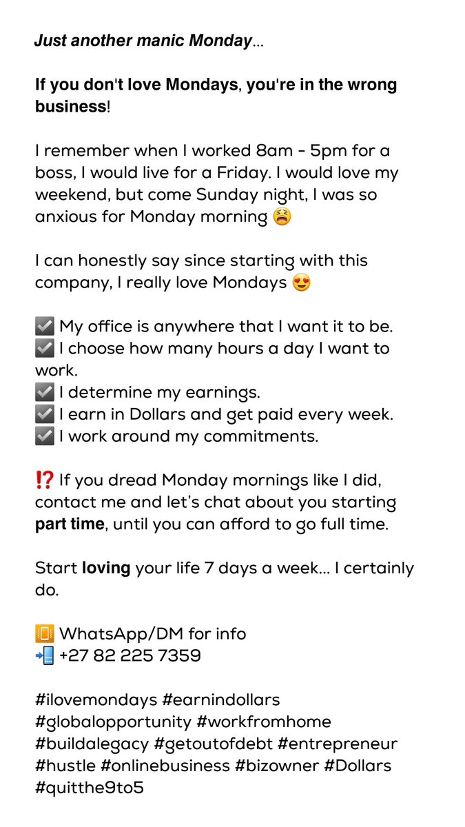 📳 WhatsApp/DM for info
wa.me/message/2JKGRZ…
📲 +27 82 225 7359

#ilovemondays #earnindollars #globalopportunity #workfromhome #buildalegacy #getoutofdebt #entrepreneur #hustle #onlinebusiness #bizowner #Dollars #quitthe9to5