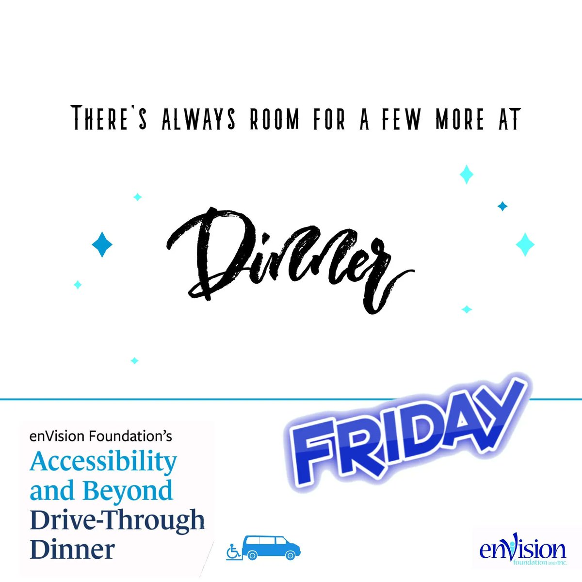 enVisioncl's tweet photo. Invite your friends and family to a delicious dinner party, and you don't have to cook! 
 Accessibility and Beyond Drive Thru Dinner reservations are open until WEDNESDAY, Sept 21.  
Pick up your dinners to take home on FRIDAY Sept 23 and share with all your favorite people. https://t.co/IIz6Zd3xUn