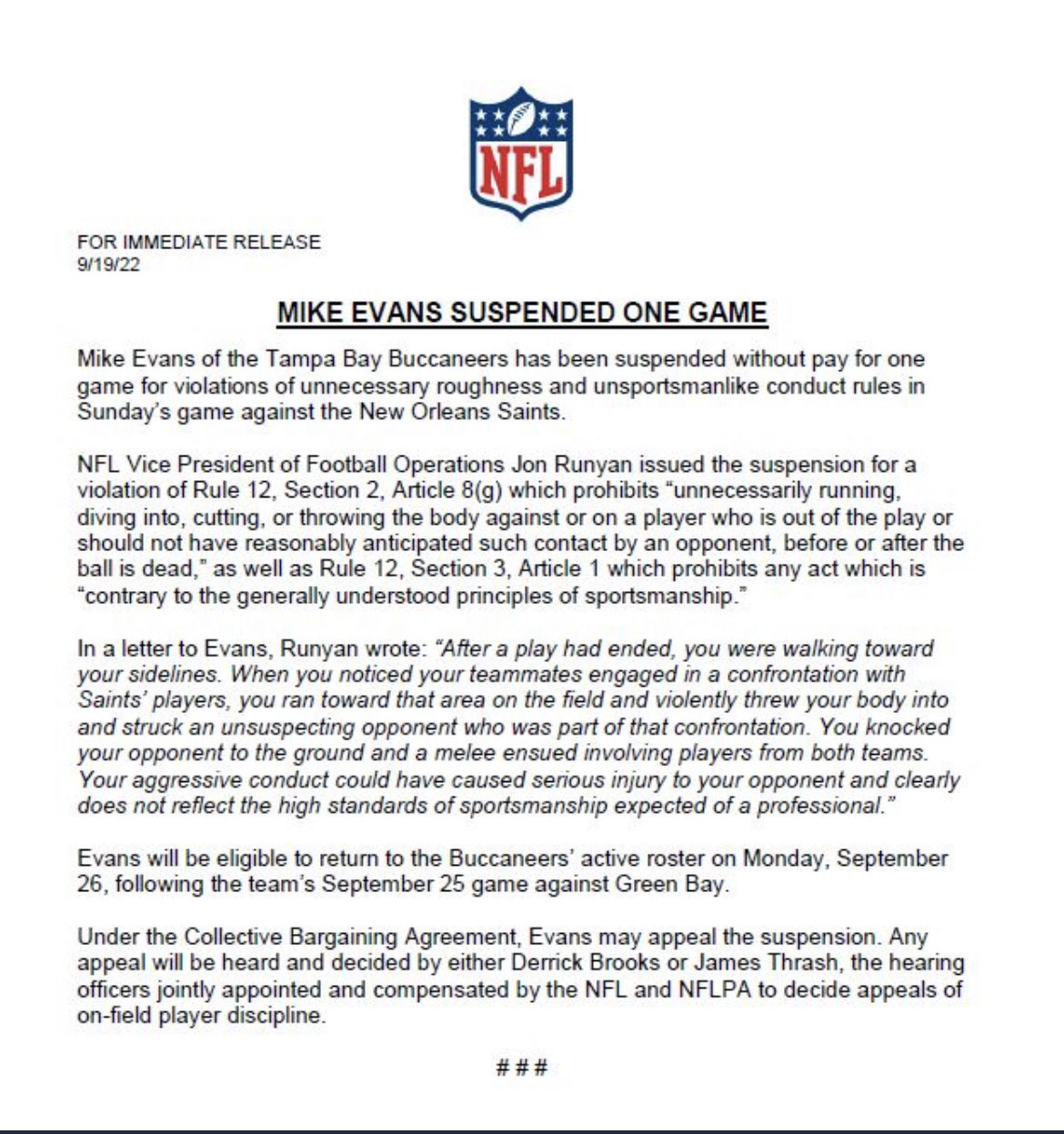 Adam Schefter on Twitter "NFL’s official announcement on Mike Evans’ onegame suspension. https