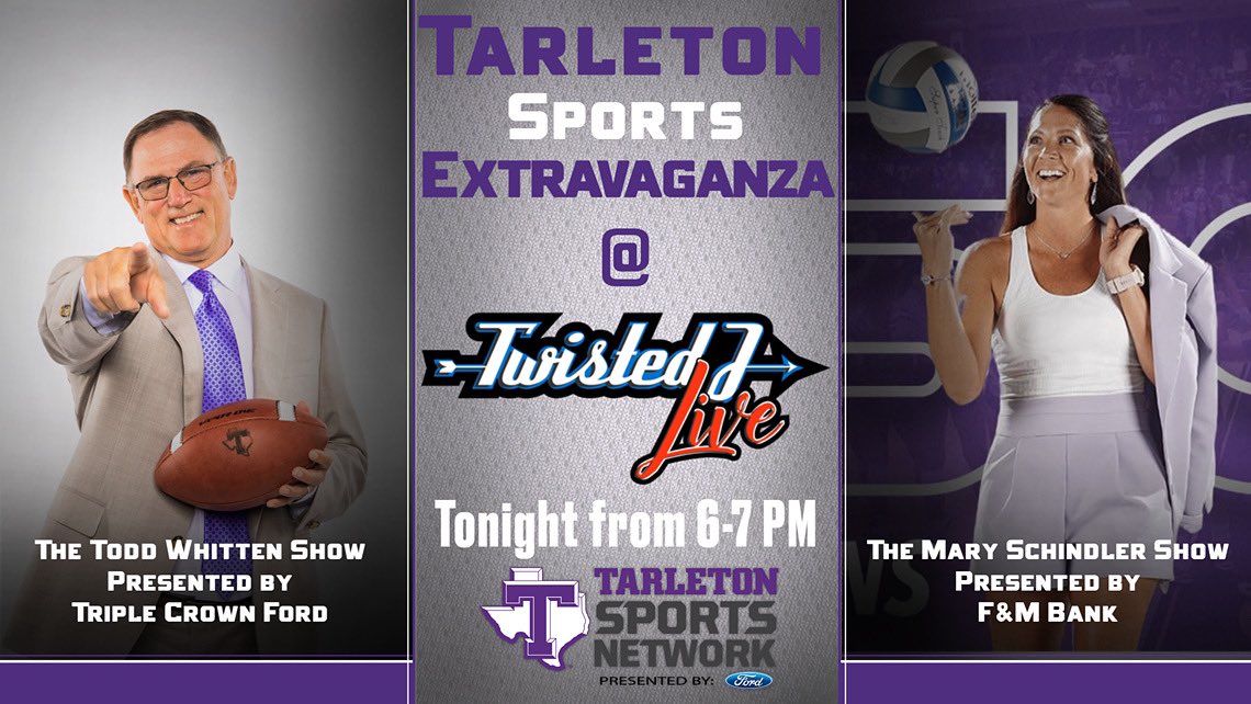 Every Monday come see us from 6-7 for the Sports Extravaganza Coaches show!

$100,Golden Tickets(free ticket to every concert), Merch, &amp; more++ show your student ID and get 20% OFF food!

Come support your Football, Volleyball, &amp; Soccer Coaches, Athletes, and all things Tarleton!