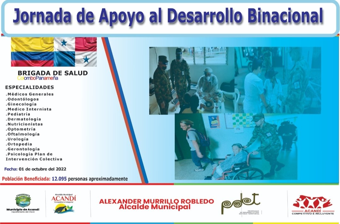 acandialcaldia's tweet photo. #GraciasADios
#PDETE
#LoEstamosHaciendoPosible || Gran jornada BINACIONAL de salud en el Municipio de Acandí, 01 de octubre. ColomboPanameña
Alexander Murillo Robledo
Alcalde Municipal
🎙️Comunicaciones Alcaldía de Acandí
#AcandíCompetitivoEaincluyente https://t.co/Hjw2Sx5g8G