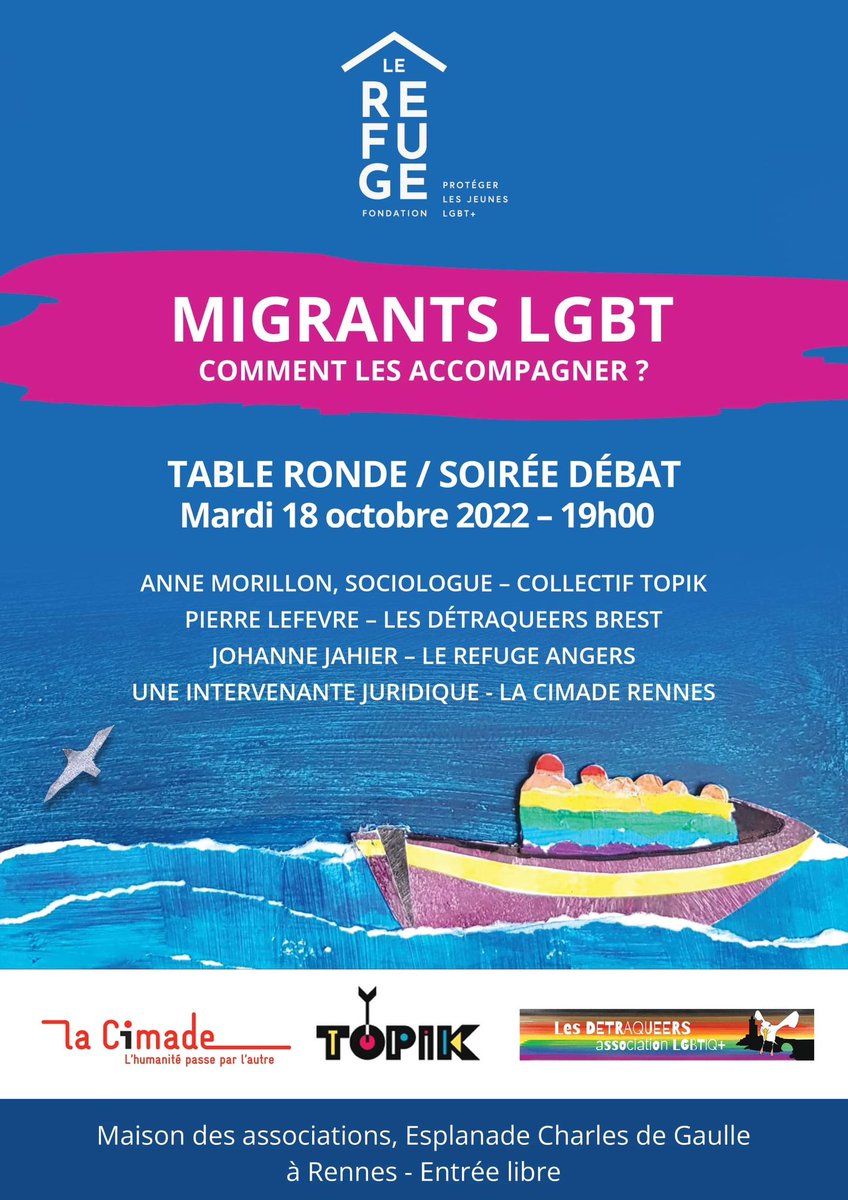 Annonce 📣 

L'équipe du Refuge Bretagne est ravie de vous annoncer, Mardi 18 Octobre, une soirée table ronde autour de la question 

" Migrants LGBT, comment les accompagner ?"

On vous espère nombreux ! L'entrée est libre. #LeRefuge #LGBT #Migrants