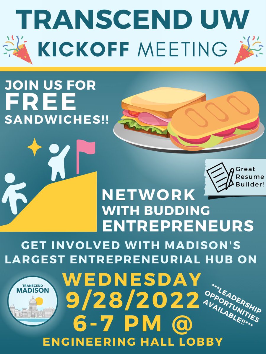 If you are interested in getting involved with a student organization, TranscendUW is having their kickoff meeting on Wednesday, September 28 from 6-7PM in the Engineering Hall Lobby. Sandwiches will be provided. Leadership opportunities are also available.