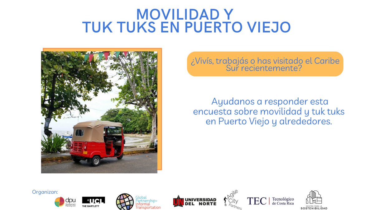 ¿Ustedes o alguien que conozcan vive, trabaja o ha visitado Puerto Viejo y alrededores recientemente?

Les agradeceríamos nos ayuden a responder y difundir esta encuesta sobre movilidad y tuk-tuks en la zona.

Español: forms.gle/w22tXs81R5o87Q…
Inglés: forms.gle/P2FM3tipU99jBV…