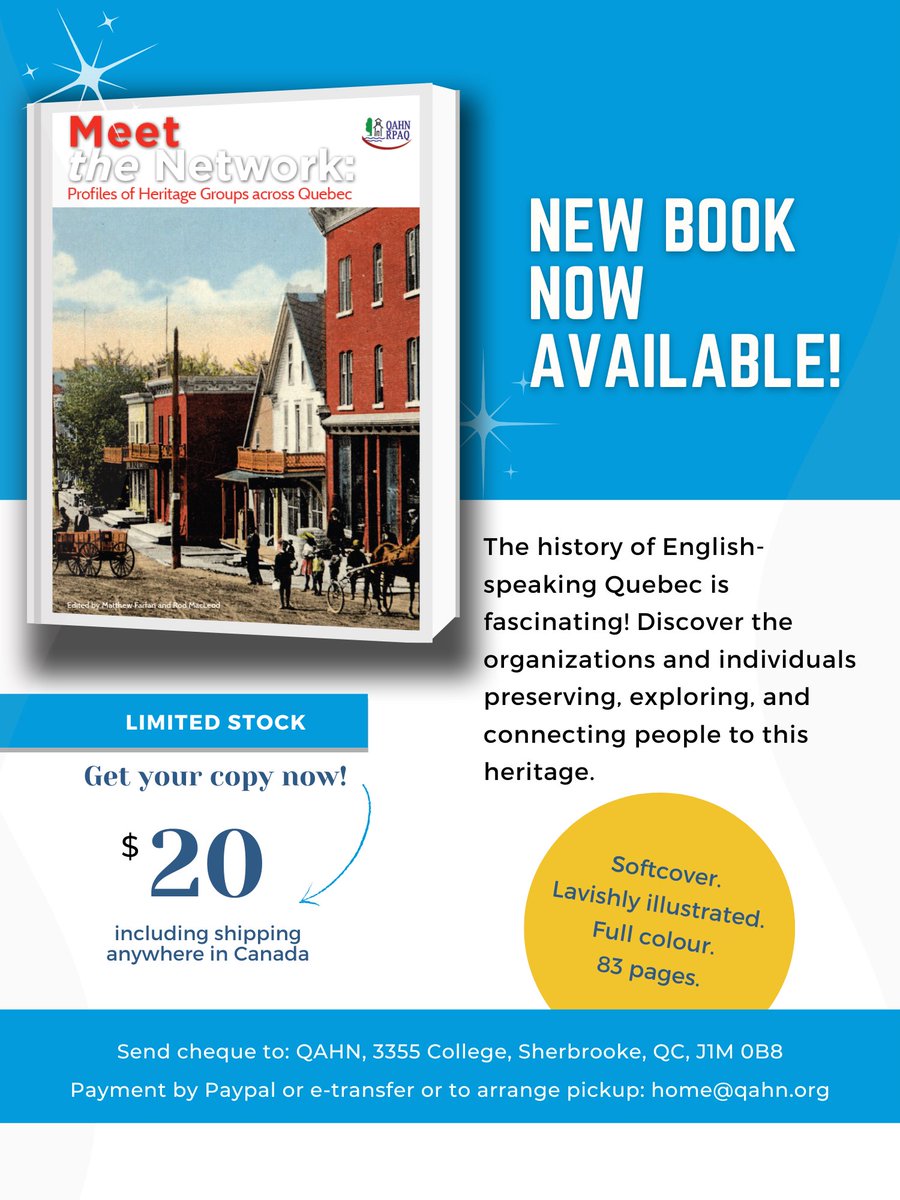 Quebec Anglophone Heritage Network (QAHN) (@qahn2) on Twitter photo Learn all about the local museums, historical societies & other heritage groups that make up the core membership of the #QuebecAnglophonHeritageNetwork <a href="/QAHN2/">Quebec Anglophone Heritage Network (QAHN)</a>
Order today: etransfer / Paypal to: home@qahn.org Learn all about the local museums, historical societies & other heritage groups that make up the core membership of the #QuebecAnglophonHeritageNetwork <a href="/QAHN2/">Quebec Anglophone Heritage Network (QAHN)</a>
Order today: etransfer / Paypal to: home@qahn.org