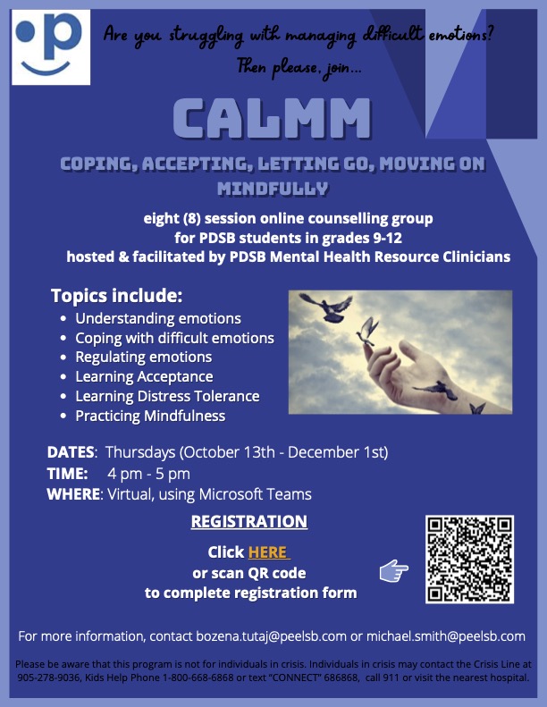 PeelSchools's tweet photo. Registration is now open for PDSB Be Well Fall Sessions and Counselling Groups for grades 6 to 12 students. Register today using the link below: https://t.co/CnhkhhxQVl 
#mentalhealth #education https://t.co/9TnvUC9JEk