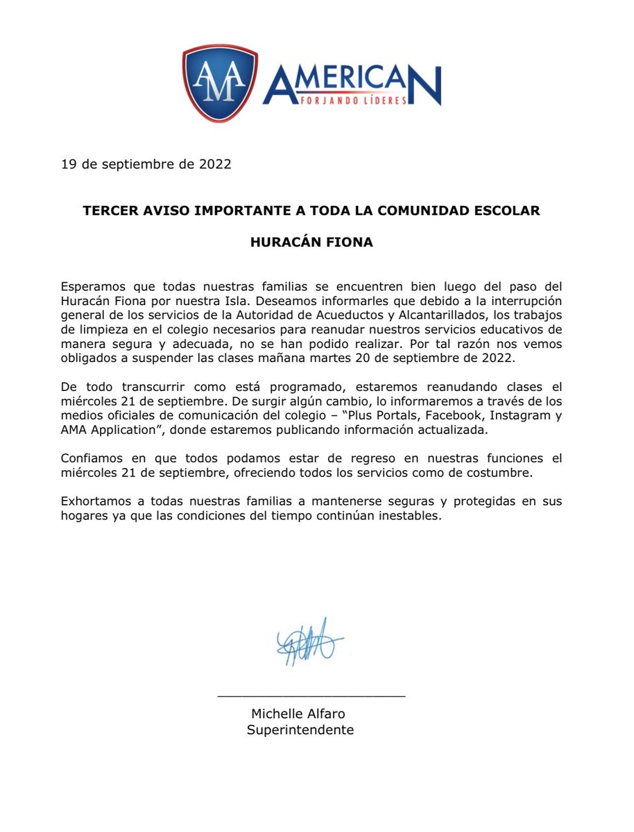 AmericanmaPR's tweet photo. 🔴TERCER AVISO IMPORTANTE A TODA LA COMUNIDAD ESCOLAR HURACÁN FIONA🔴 https://t.co/GGNUfZe5Eh