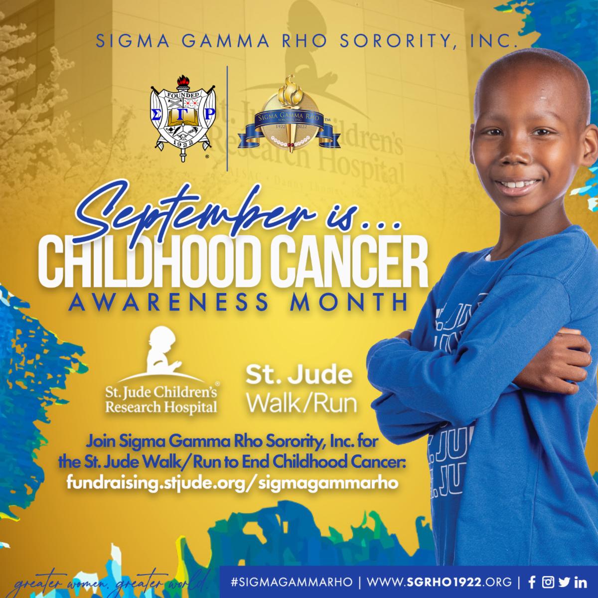 SGRho's tweet photo. September is Childhood Cancer Awareness Month. Sigma Gamma Rho Sorority, Inc. is making history as we serve as the National Series sponsor for the 2022 St. Jude Walk and Run events taking place across the country this month.
#SigmaGammaRho #SGRho #SGRho100 #Greater #GWGW https://t.co/4Hy6sQdmeA