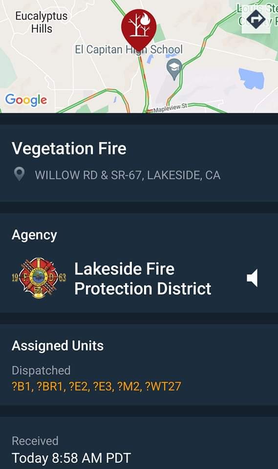 ECEU619's tweet photo. #VEGETATIONFIRE:  Willow Rd. &amp; SR-67 in #Lakeside, with best access through Bill Signs Trucking @ 10329 Channel Rd. #ECEU Established #WillowIC

Units have just been dispatched to the area for a low wildland fire - PER SCANNER &amp; PULSE POINT

https://t.co/4fI4ynxV1M https://t.co/Q12mwsmgLF
