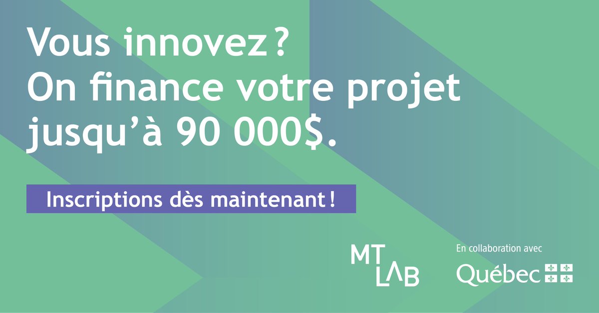 MTLab (@mtlabtourisme) on Twitter photo Vous êtes une entreprise en #tourisme OU une entreprise innovante du #Quebec? Bénéficiez d’un #financement de 50% jusqu’à 90 000$ pour implanter votre projet d'#innovation👉Inscrivez-vous: bit.ly/3dmqjQT
Merci à <a href="/tourisme_quebec/">Tourisme Qc</a> pour sa collaboration. Vous êtes une entreprise en #tourisme OU une entreprise innovante du #Quebec? Bénéficiez d’un #financement de 50% jusqu’à 90 000$ pour implanter votre projet d'#innovation👉Inscrivez-vous: bit.ly/3dmqjQT
Merci à <a href="/tourisme_quebec/">Tourisme Qc</a> pour sa collaboration.