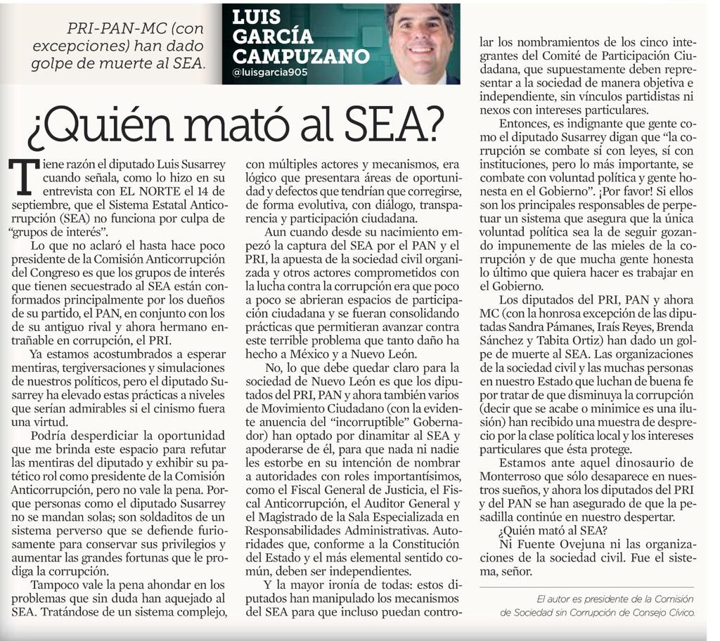 OC_SEANL's tweet photo. El día de ayer, @luisgarcia905 , escribió una excelente reflexión sobre los eventos ocurridos en los últimos meses en el #SEANL.
Te invitamos a leerla.
👇 https://t.co/jV5kTPuPWP