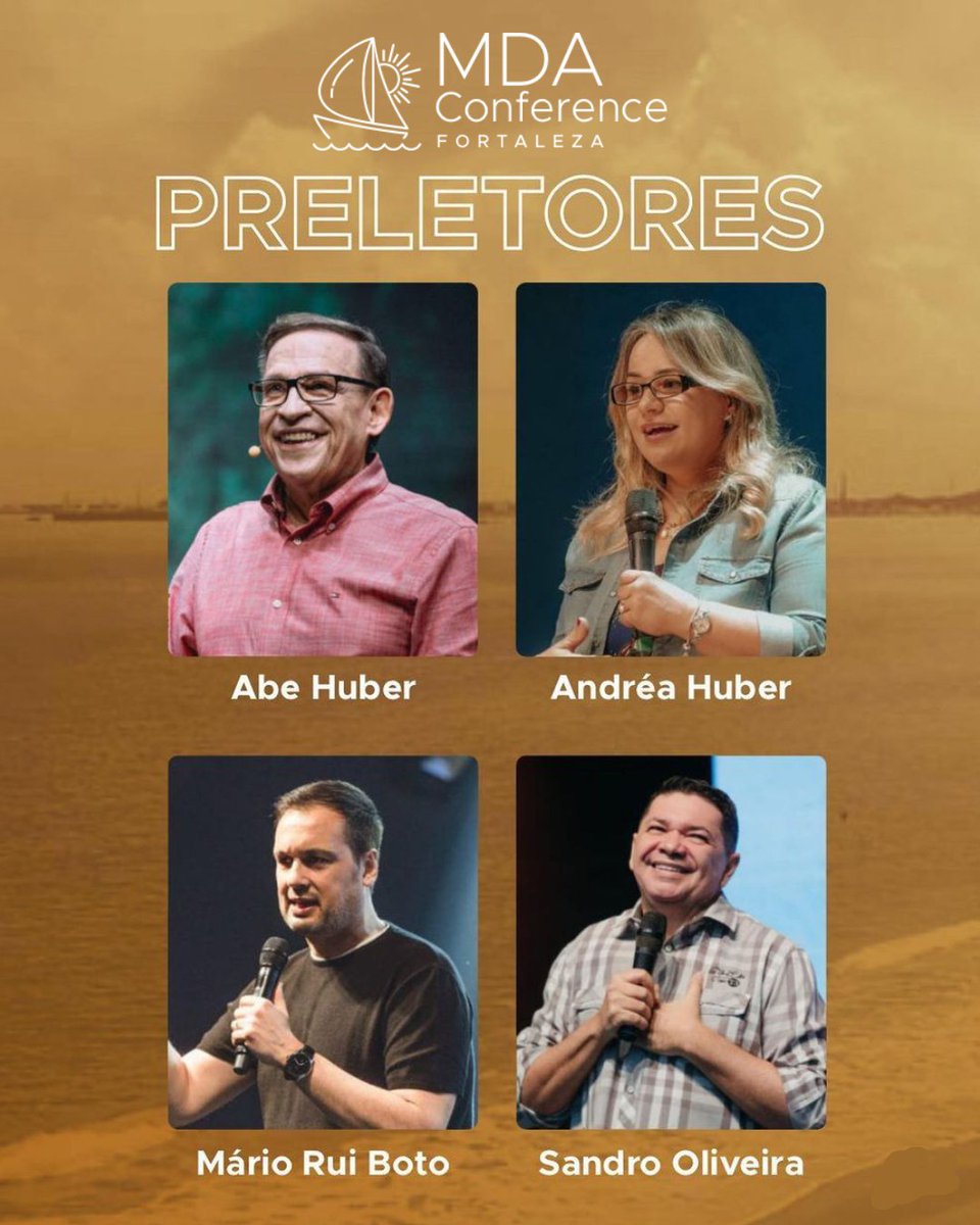 Com Abe Huber (SP), Andrea Huber (SP), Mario Rui Boto (Portugal), Sandro Oliveira (CE) e Theo Rubia ministrando louvor.

Participe da MDA Conference Fortaleza nos
20 a 22 de outubro.