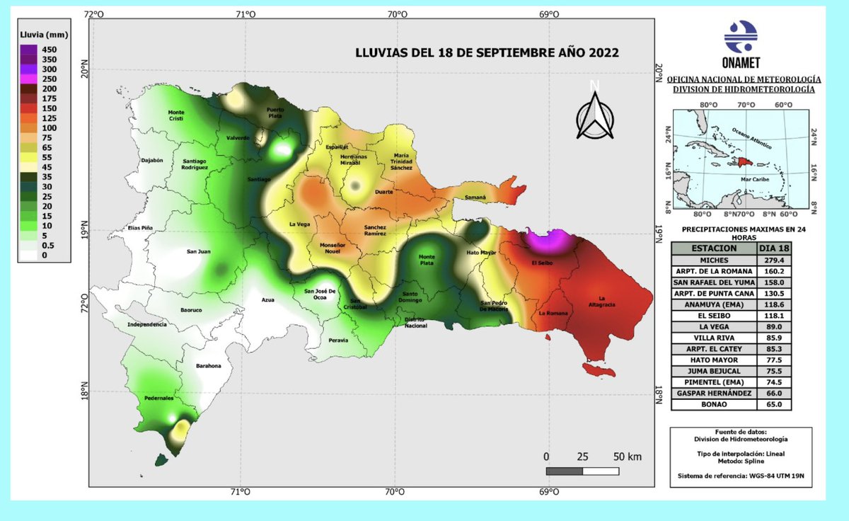 GloriaCeballos7's tweet photo. Lluvias registradas en las últimas 24 horas, generadas por el paso del huracán Fiona. Mayor acumulado: Michel=279.4 mms https://t.co/ksafqyj39l