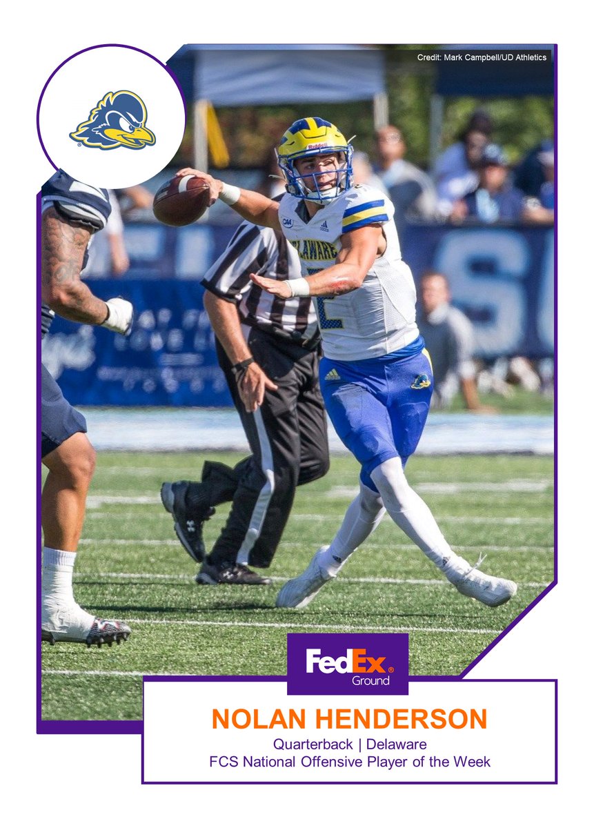 OptaAnalystFCS's tweet photo. FedEx Ground FCS National Offensive Player of the Week

Congratulations to Delaware QB Nolan Henderson
 
Story: https://t.co/cJbRU5TIpE

FedEx Ground: https://t.co/jYcduVSZpj https://t.co/lD89azqEI7