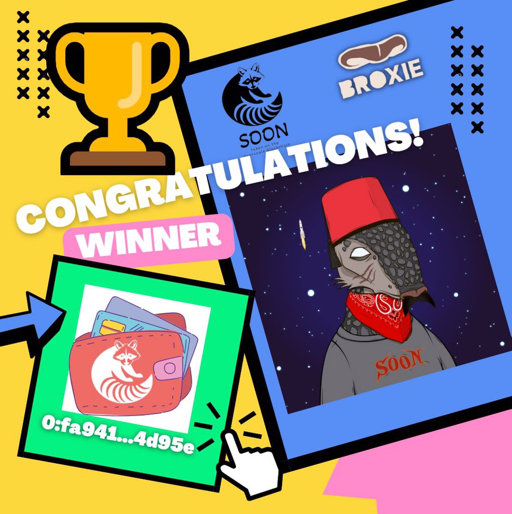 SOON_token's tweet photo. 1/2📣Friends👏👏👏

 🏁Summing up the results of the @BroxieNFT WL💥 contest from Soon Alliance 🦝

 🏆 Introducing the winner - Wallet https://t.co/IXJAXHKAdQ🎁 🎉

 🔥Total burned - 3,541,425 SOON🔥
 
 📌The contestant burned the most - 1669 SOON 🔥 https://t.co/1qkYqNY8TV