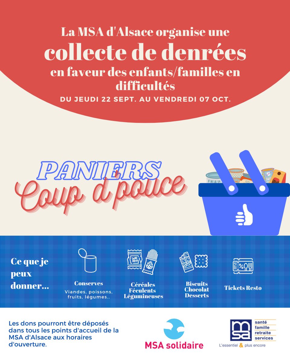 De nombreux #enfants #familles souffrent de la crise économique. Afin de les soutenir et donner un peu de baume au cœur, la MSA d’Alsace organise une #collecte de Panier Coup d'pouce du 22/09 au 07/10.

Et si vous y participiez ? 
Pour en savoir + 👇
alsace.msa.fr/lfp/paniers-co…
