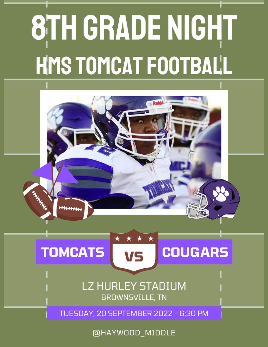 HMS Football 🏈:

🆚: JCM Middle

📆: September 20, 2022

📍: LZ Hurley Stadium 

⏰: 6:30 PM

‼️: 8th Grade Recognition (5:00 PM)‼️

🐾Football, Cheerleading, &amp; Band🐾 <a href="/HMSTomcats/">Haywood Middle School</a> <a href="/haywoodtomcats/">tomcats_athletics</a> <a href="/Hmstomcatsfball/">Haywood Middle School Football</a>