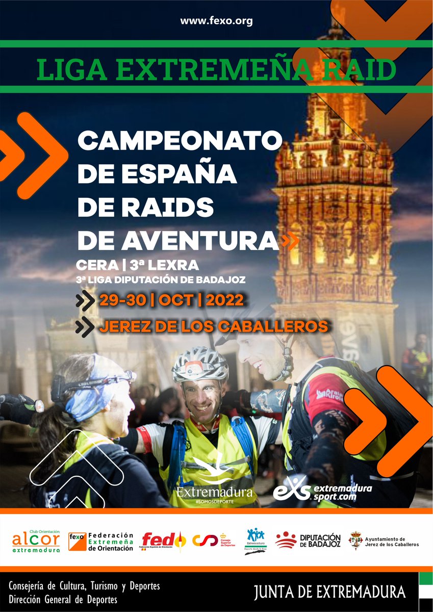 ▶ CAMPEONATO DE ESPAÑA DE RAIDS DE AVENTURA #CERA2022 3ª #LEXRA2022
#JerezdelosCaballeros 29/30 OCT ‼️Una única Etapa‼️
Boletín 1 cutt.ly/Boletin-1-CERA…
Info en fexo.org #Orientación #FEXO #FEDO #ExtremaduraRaid #ExtremaduraesDeporte #ExtremaduraesOrientación